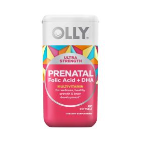 OLLY Ultra Strength Prenatal Multivitamin Softgels, Folic Acid + DHA, 60 Count