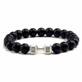 Natural Volcanic Stone Beads Black Lava Bangle Bracelets Aromatherapy Essential Oil Diffuser (Color: Black Matte Silver Dumbbell, Purity: 21cm)